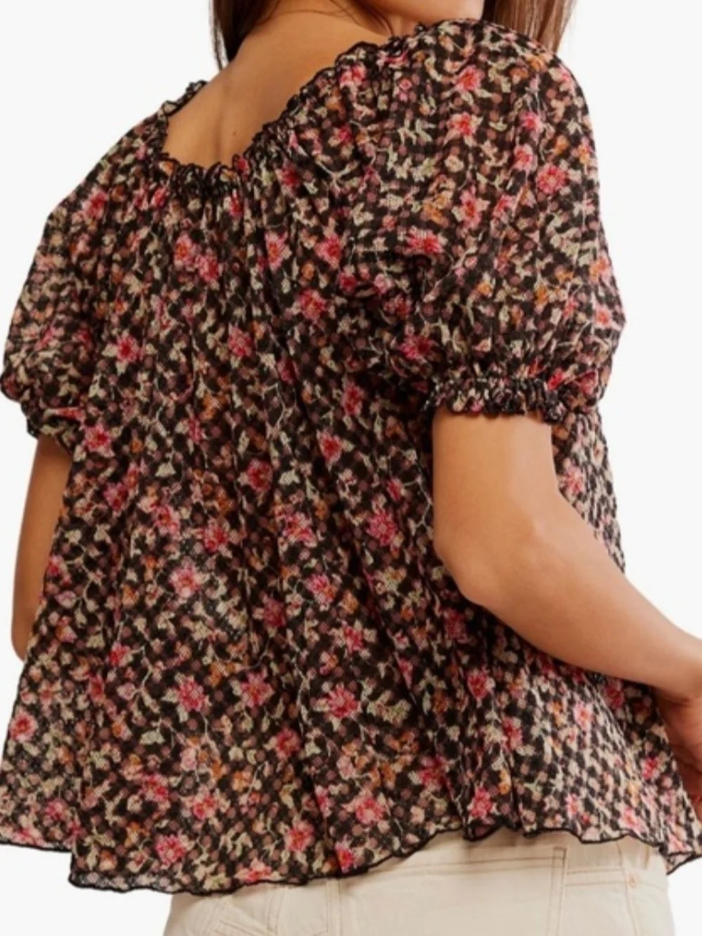 Free People Floral Puff-Sleeve Peasant Top in Black and Pink, SZ L, NWT